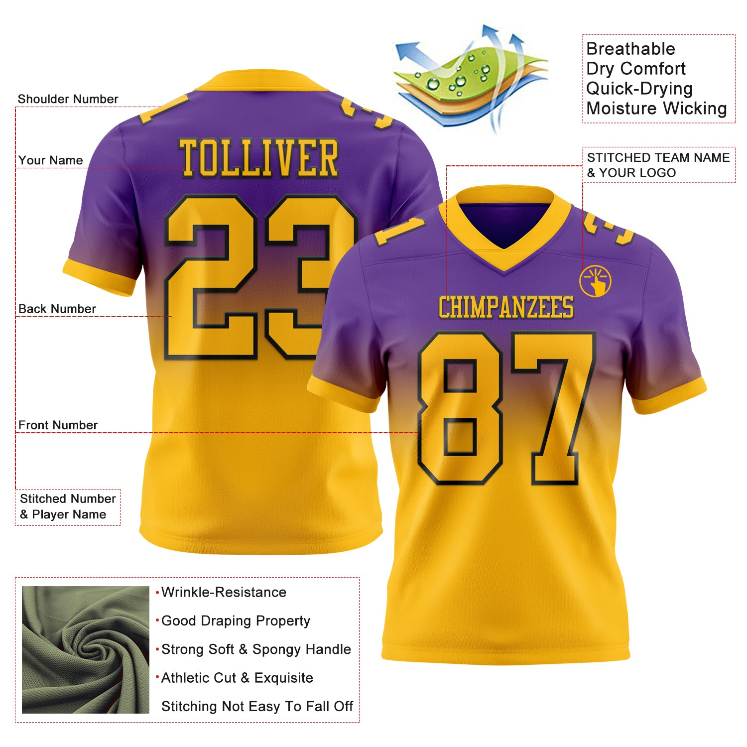 Custom Purple Gold-Black Authentic Fade Fashion Football Jersey