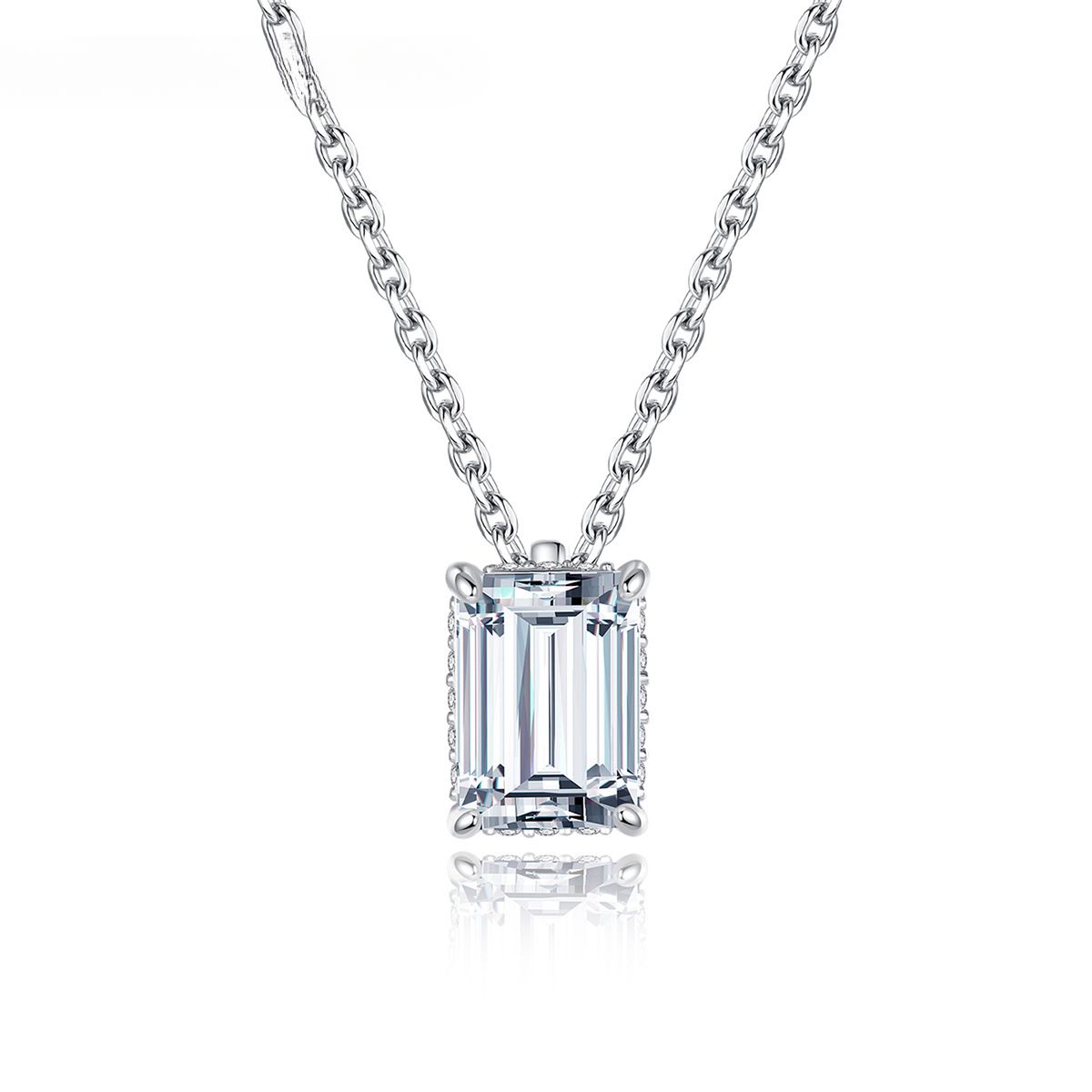 LuckluckStone Custom Iced VVS1 1ct Square-Cut Moissanite Quadruple-Prong Solitaire Pendant with Micro-Set Zirconia Collarbone Necklace