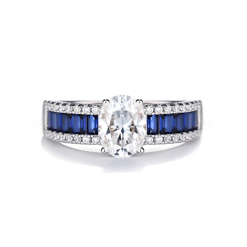 “Ice Age” 1.5ct Oval Egg-shaped Silica Ring | Rhodium-Plated S925 Silver with Blue and White Flame Band GRA Certified