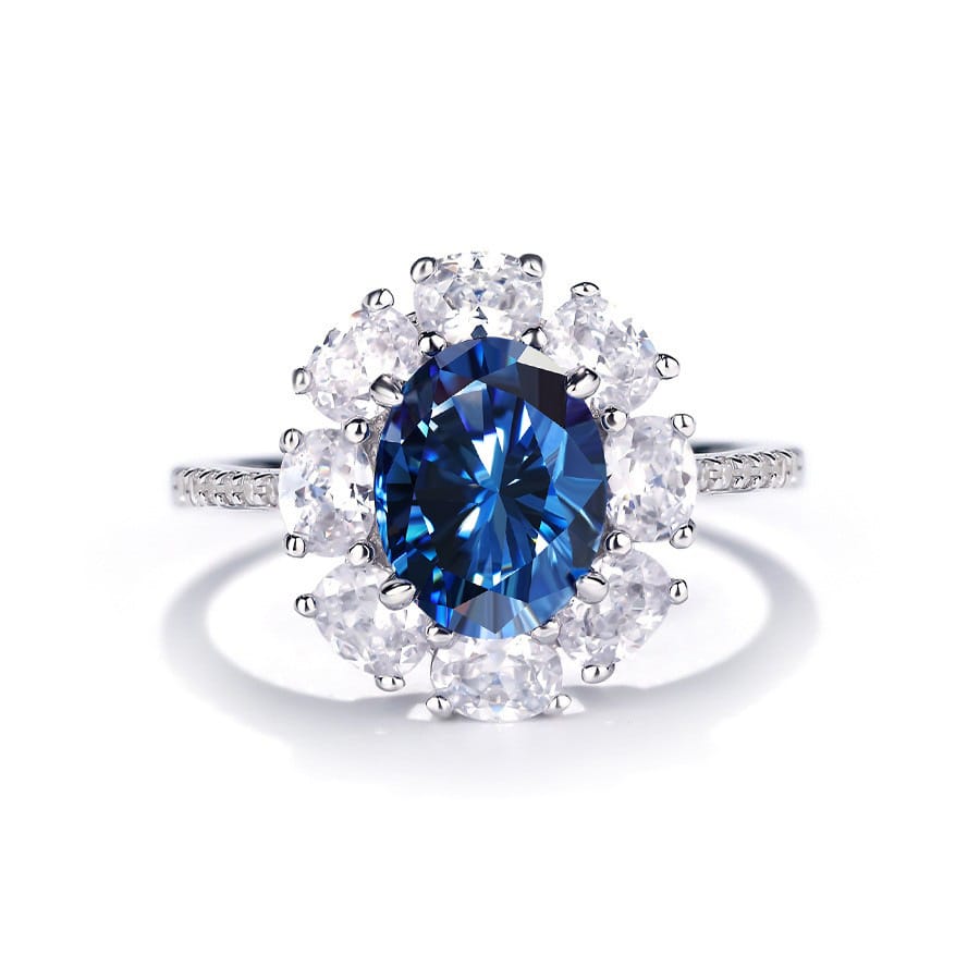 "Daisy Nebula 2 carat oval egg shaped Carborundum ring | S925 silver rhodium plated sapphire blue fire color band with GRA dispersion certificate