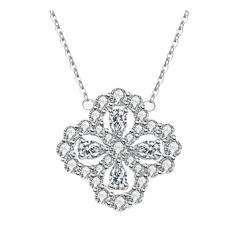 Luxury Silver 925 Four-Leaf Clover Necklace with Moissanite and Diamond Accents