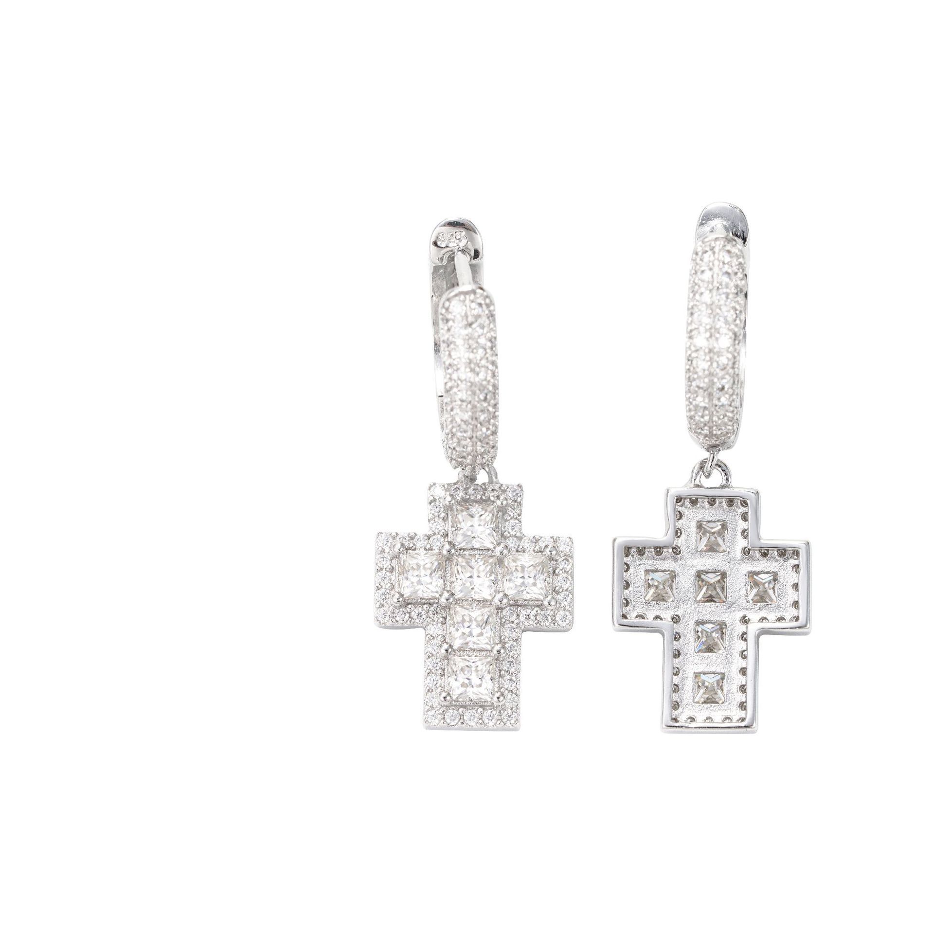 Hip-Hop Inspired 925 Silver Cross Earrings with D-Color Moissanite: Unisex Couple's Earrings