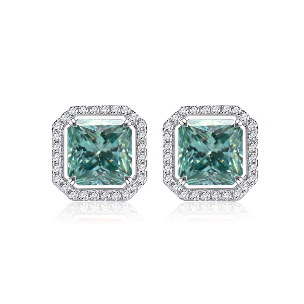 Princess Cut Moissanite Stud Earrings with Blue-Green and Pink Accents