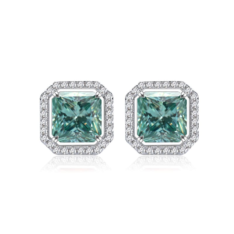 Princess Cut Moissanite Stud Earrings with Blue-Green and Pink Accents