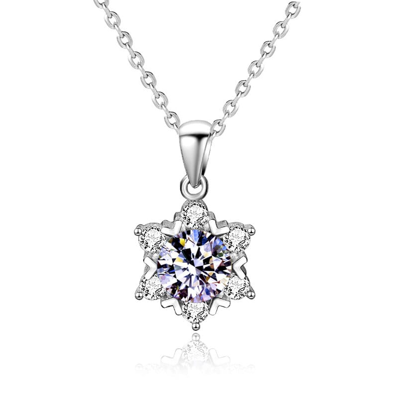 Aurora Borealis D-color Moissanite Hexagonal Snowflake Chain | S925 Silver Rhodium Plated Geometric Minimalist Pendant with GRA Dispersion 