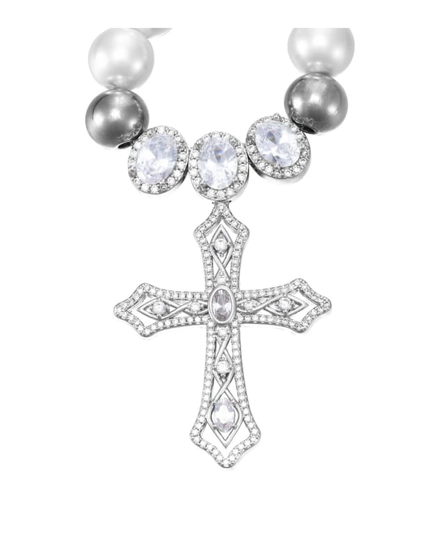 “Coronet of Sacred Tears” Baroque Pearl 5AA Zircon Cross Collar Chain | Teresa Vintage Aged S925 Silver Plated Pendant Handmade Orphaned 