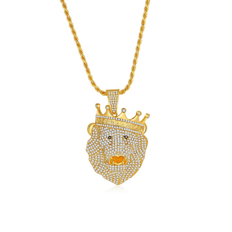 S925 Silver Gold-Plated Moissanite Crown Lion Head Pendant: Hip-Hop Style for Men