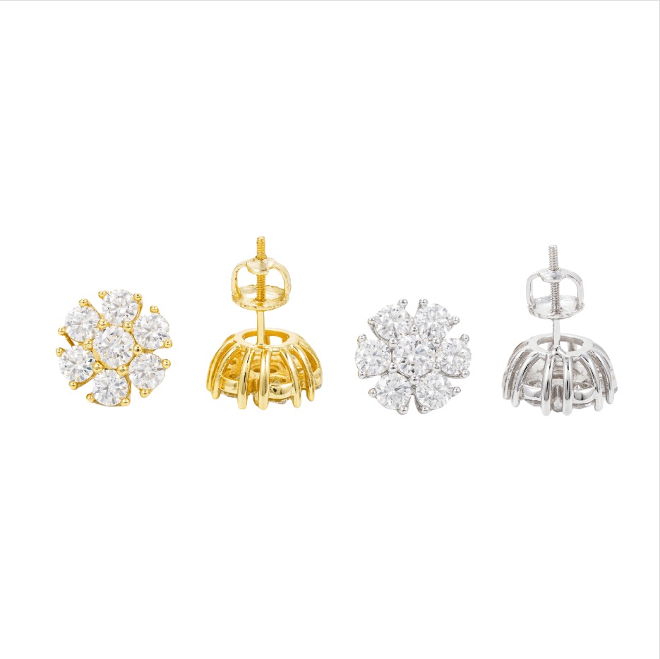 New 925 silver moissanite stud earrings, round flower hip-hop earrings