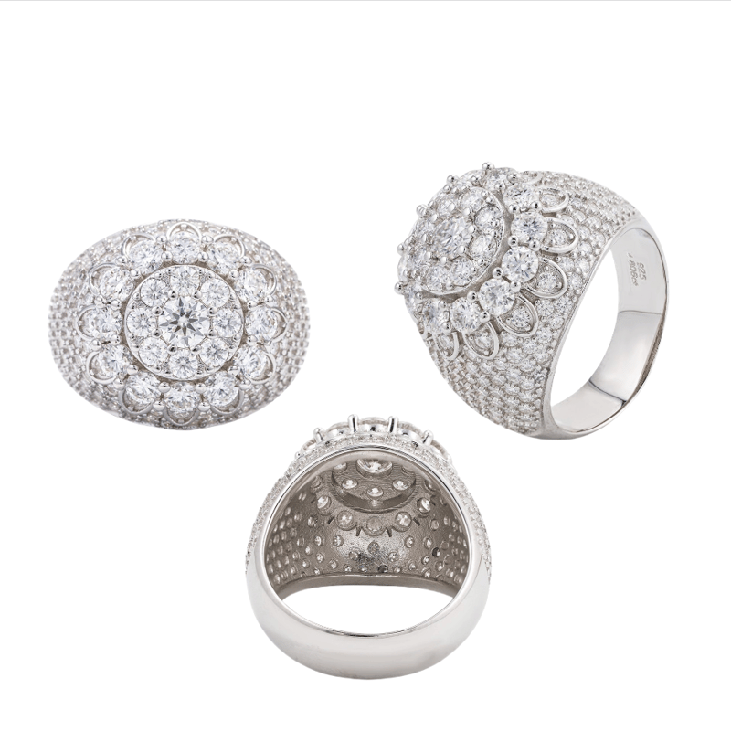 S925 silver-studded men's hip-hop fashion ring set with small moissanite diamonds