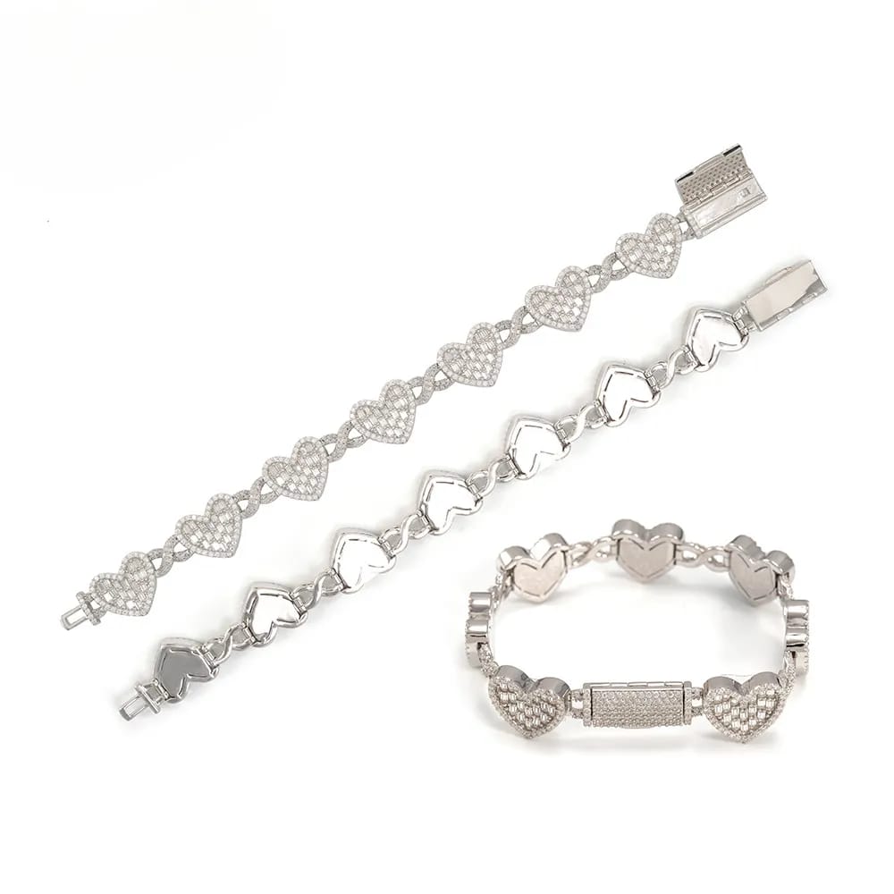 14mm wide S925 silver moissanite heart-shaped Cuban chain hip-hop necklace bracelet