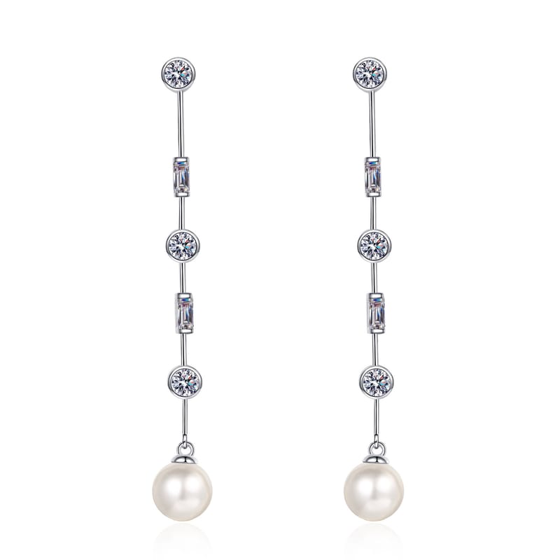 S925 sterling silver moissanite stud earrings, women's freshwater pearl earrings, long style, versatile and elegant earrings
