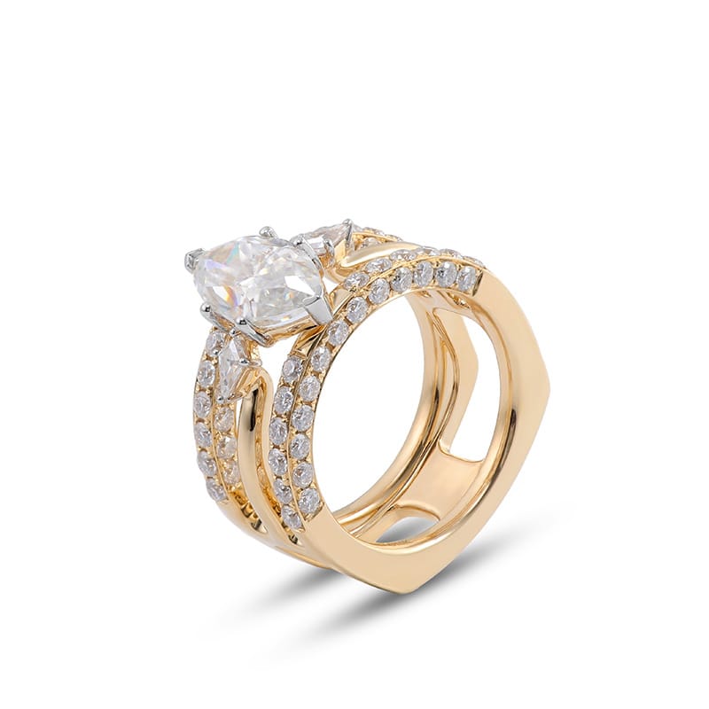 A classic and individualistic women's wide ring with exaggerated horse eye and three rows of diamonds