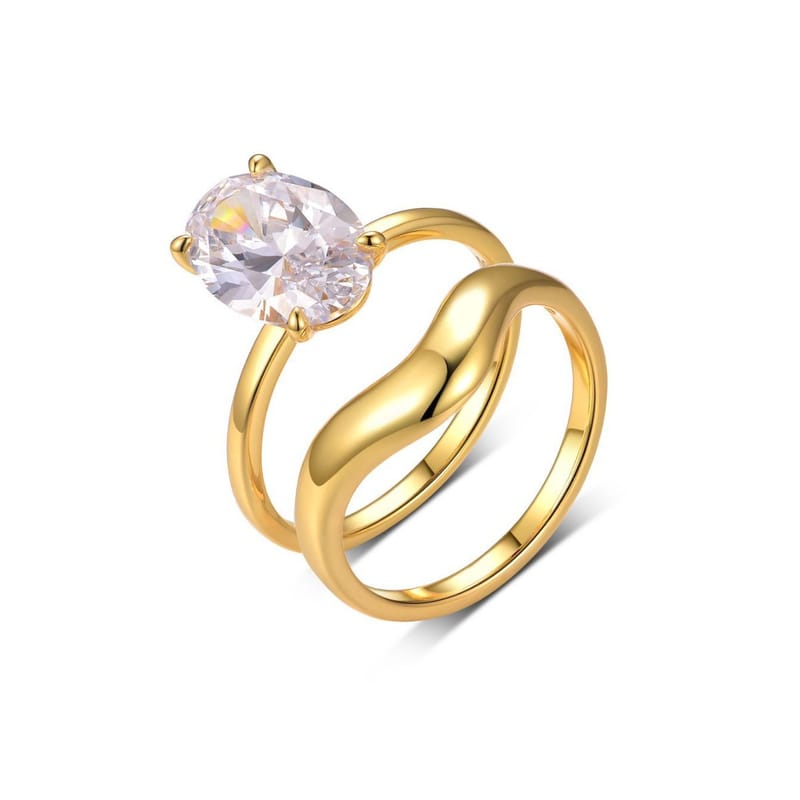 S925 Silver Moissanite two-piece oval ring Set, women's glossy minimalist layering style