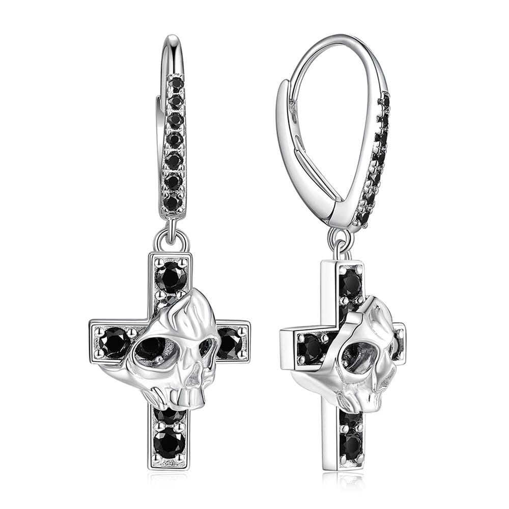 S925 silver-black Moissanite skull cross earrings, a trendy and individualistic punk ear accessory for both men and women