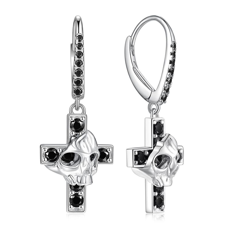 S925 silver-black Moissanite skull cross earrings, a trendy and individualistic punk ear accessory for both men and women