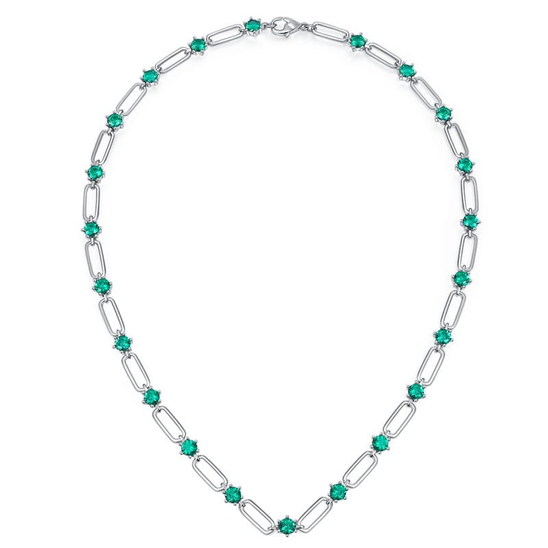 Layered 4.5mm round emerald silver plated with Moissanite 18k gold paperclip necklace