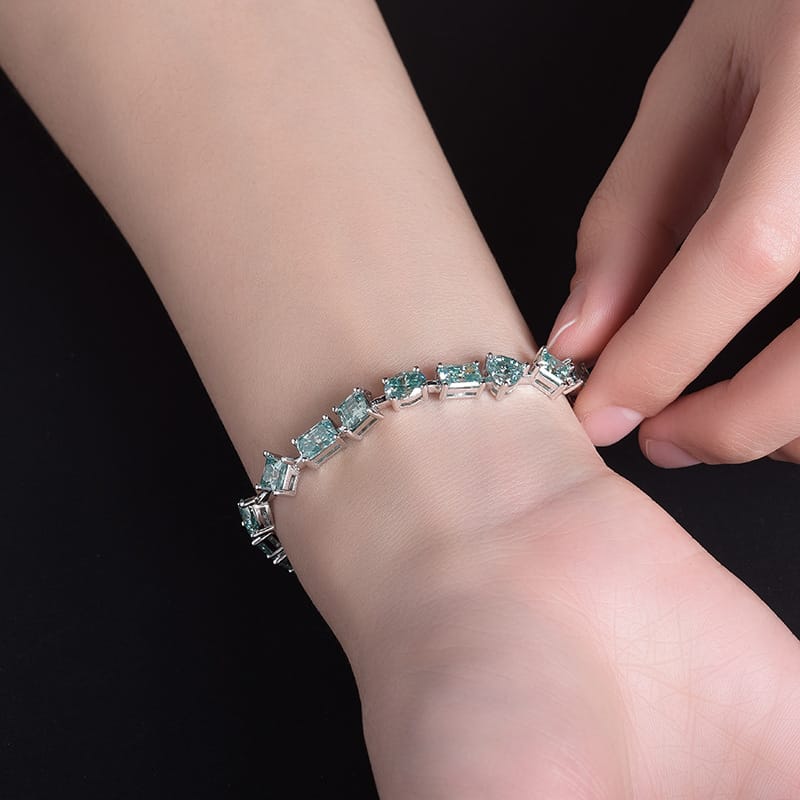 New 1-carat irregular-shaped colored moissanite princess square heart-shaped emerald oval 925 silver blue green bracelet