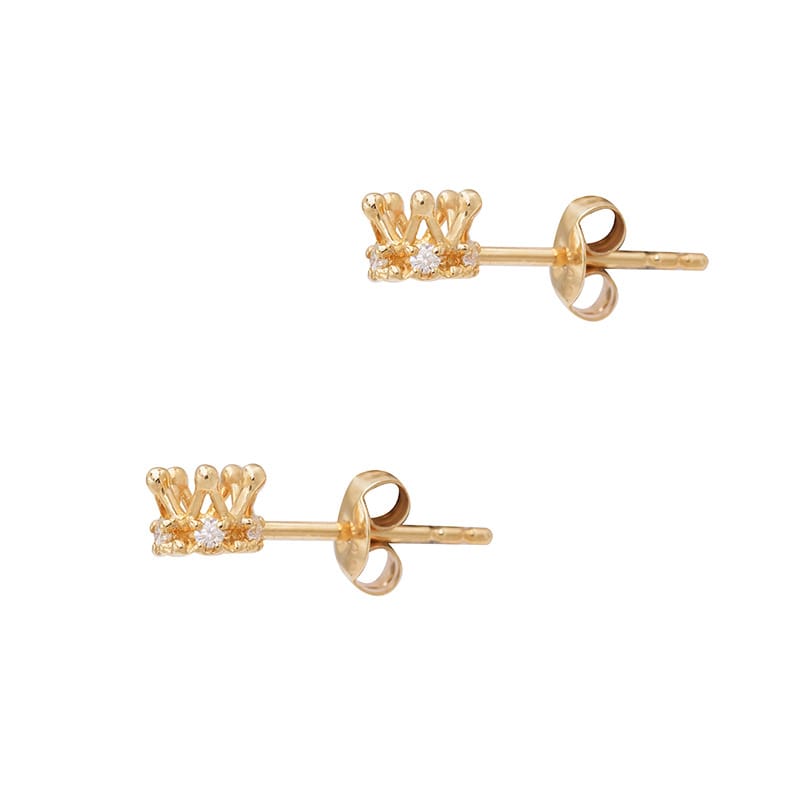 A Japanese minimalist school style 10K gold Moissanite small crown three-dimensional stud earrings for women with a refined and elegant look