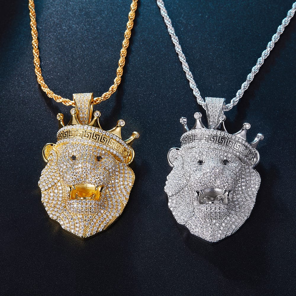 S925 silver new Moissanite crown Lion Head pendant, hip-hop Hiphop trendy men's necklace