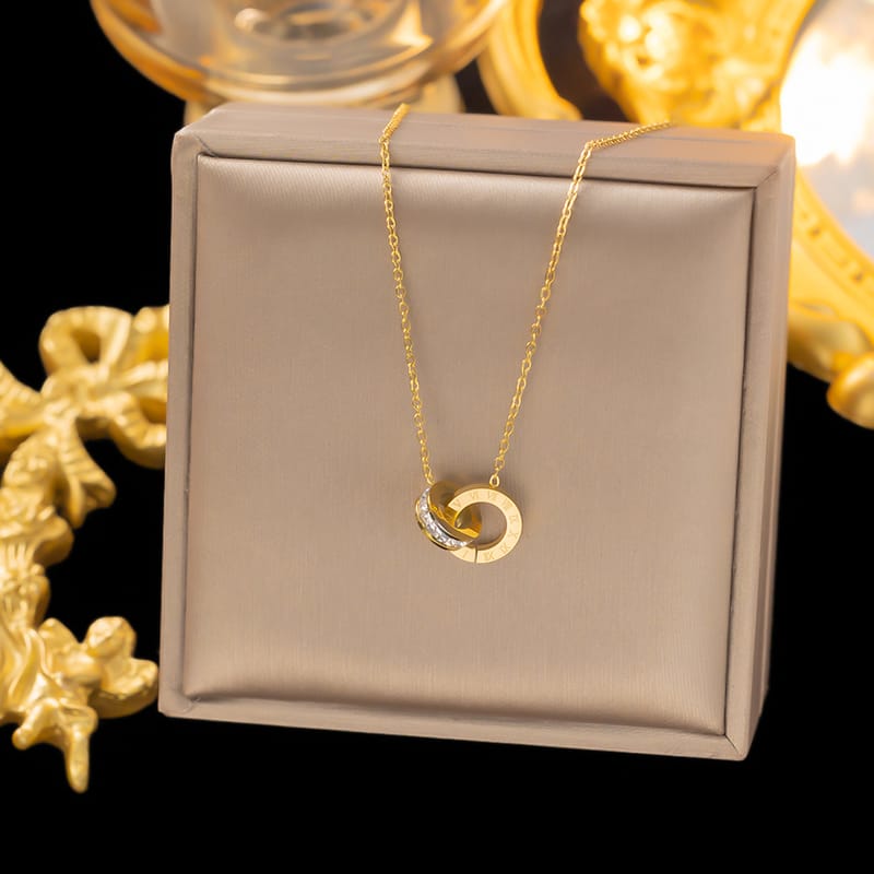 Roman Numeral Double Ring CZ 3-Piece Jewelry Set — Necklace, Bracelet & Earrings | Titanium Steel | Light Luxury