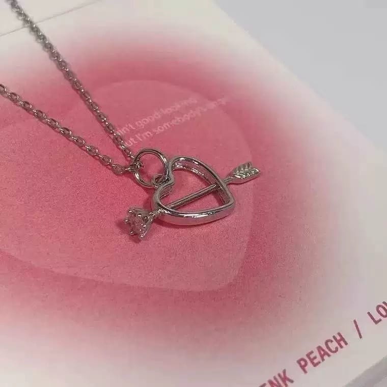 Cupid Heart Pink CZ Arrow Necklace for Women | Dainty Ins Style Love Pendant Collarbone Chain | Valentine Gift