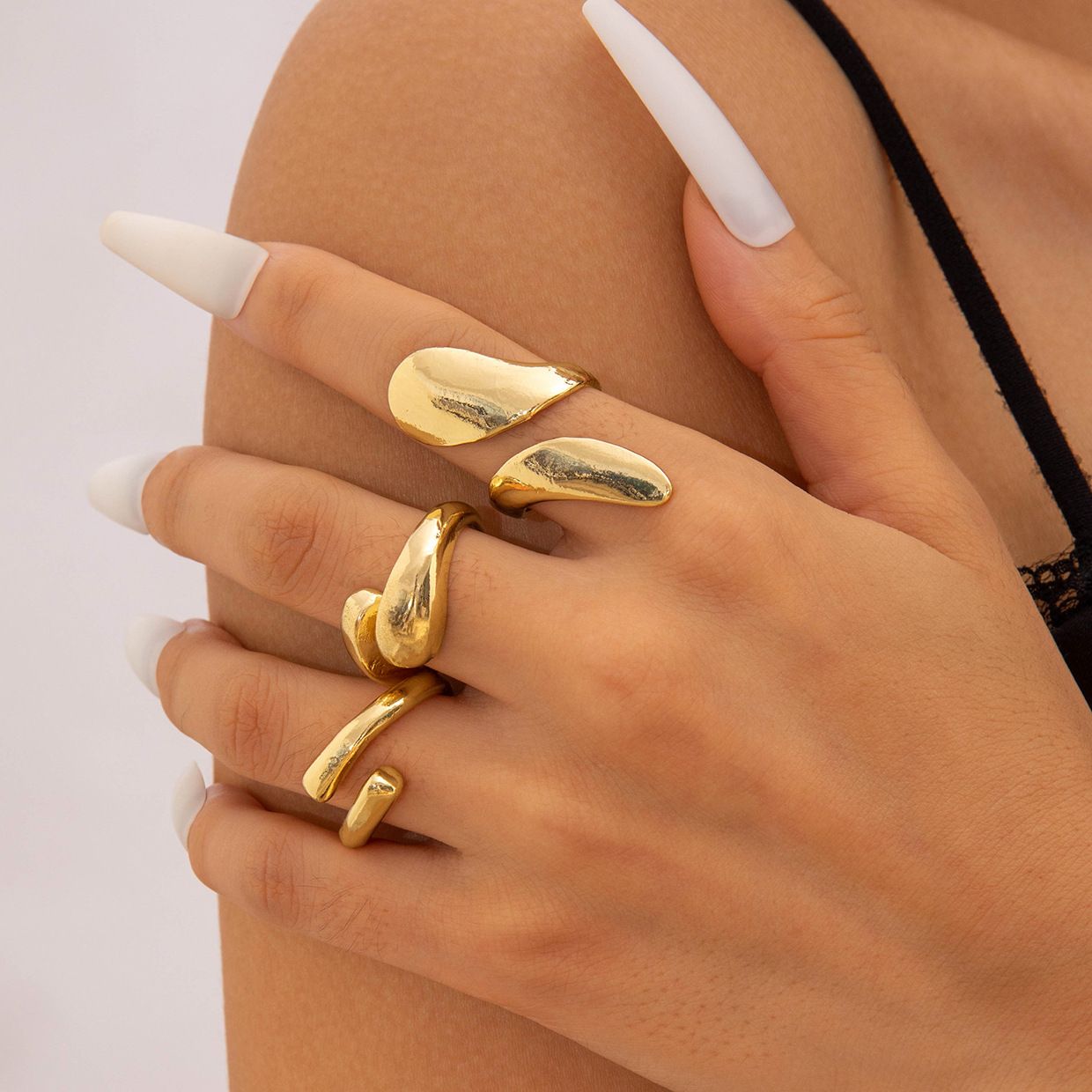 Europe and the United States cross-border geometric metal wind lava line ring four-piece irregular smooth opening ring suit