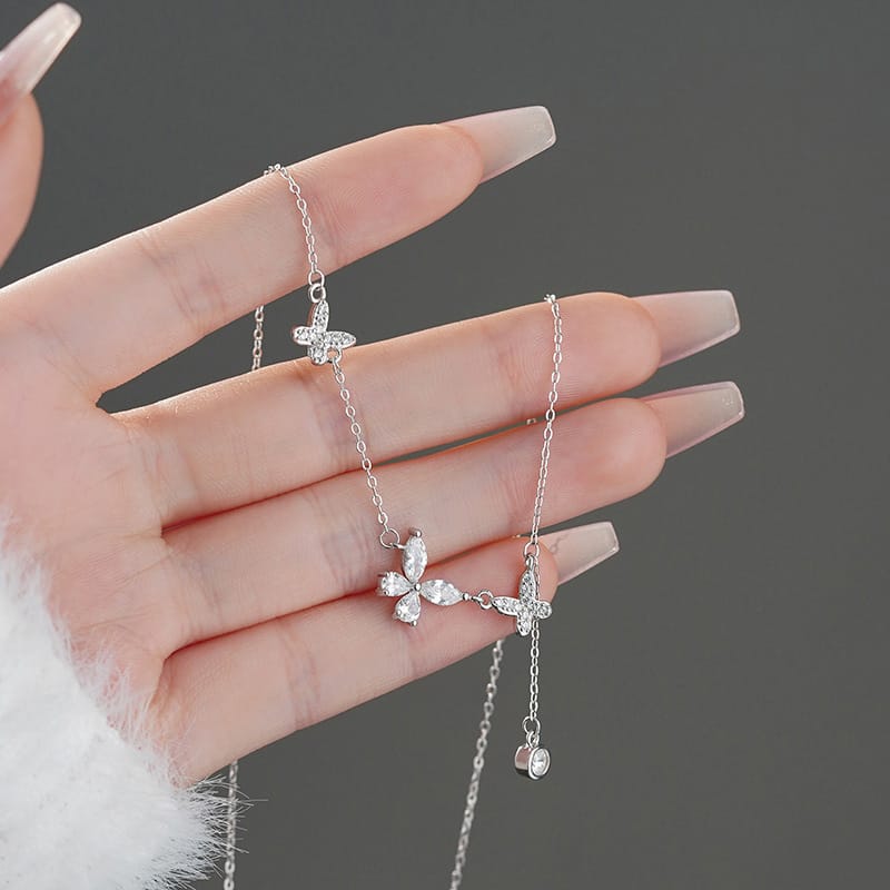 Po S999 Silver Butterfly Tassel Necklace Women's New Arrival Light Luxury Niche Korean Style Sweet Cute Necklace for Hair
