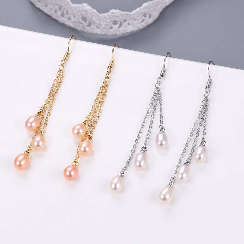 Natural Pearl Long and Short Tassel Water Rice Beads Ear Hook Elegant All-match Earrings Women's Internet-famous New Chinese Style Earrings