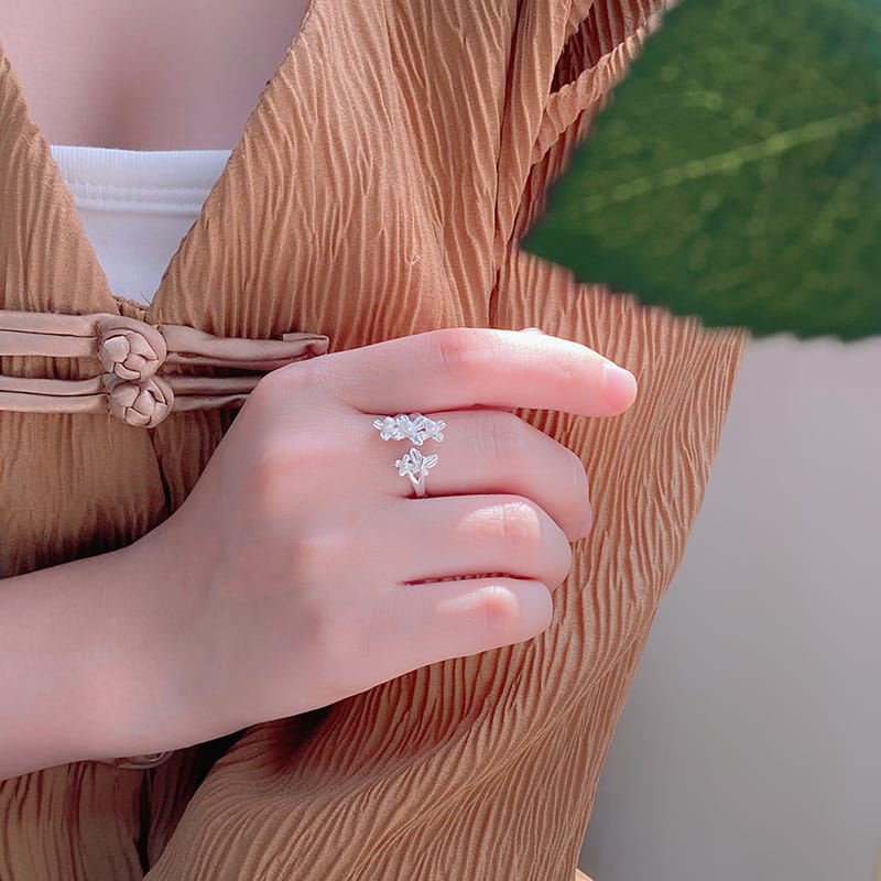 Po S999 Silver Pink Purple Pearl Flower Ring Cute Artistic Style Exquisite All-match Elegant Ring for Hair
