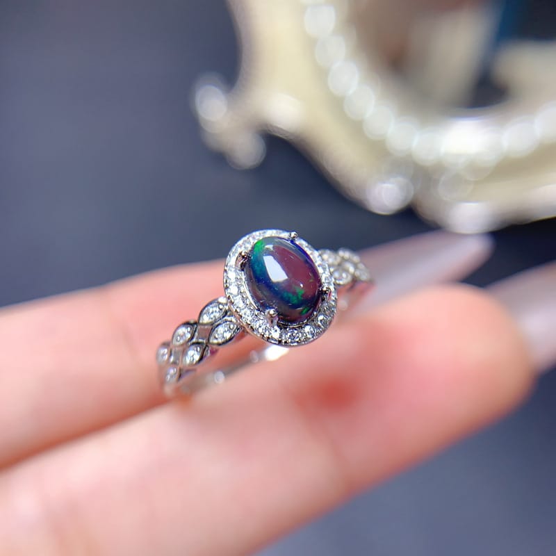 European and American design natural black opal ring wholesale 5*7mm fire color good manufacturing 925 silver live mouth ring