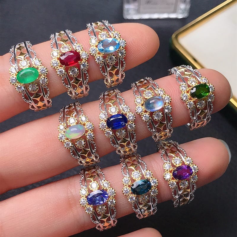 925 silver inlaid natural emerald, Ruby Sapphire Moonstone topaz color treasure wholesale