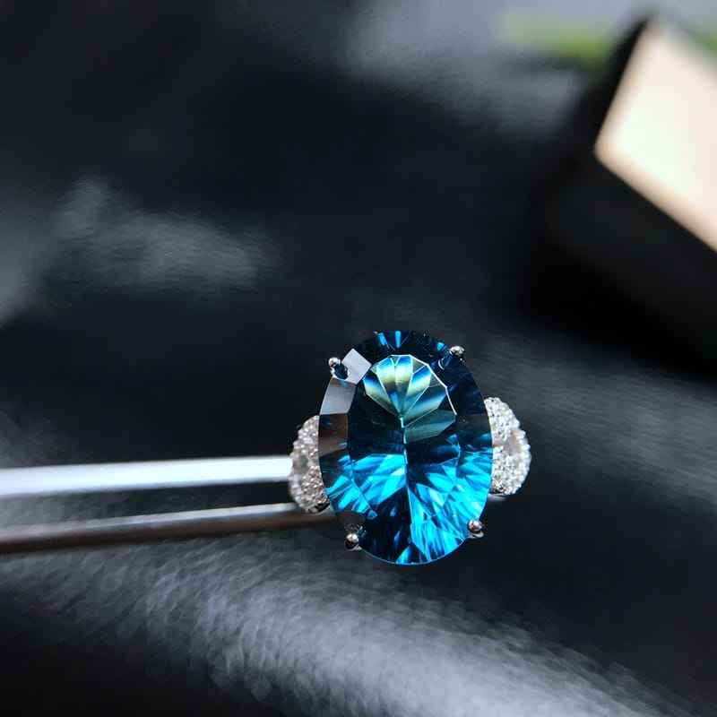 Large particle natural London Blue Topaz ring 925 silver inlaid Manufacturing 10 karat single grain