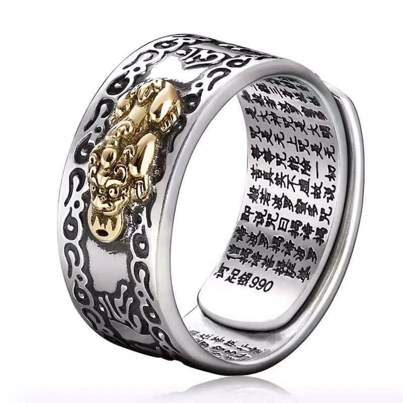 Seven Shang Explosions Guofeng Pixiu Ring Six-character Mantra Men's Thai Silver Retro Heart sutra Single Aggressive Trendy Ring