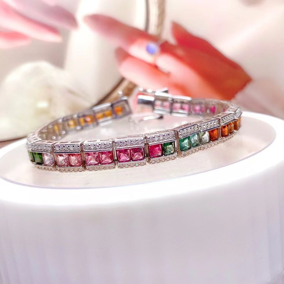 Luxury full inlay simple fashion new colorful natural tourmaline 3*3mm ladies Bracelet 925 silver color treasure batch