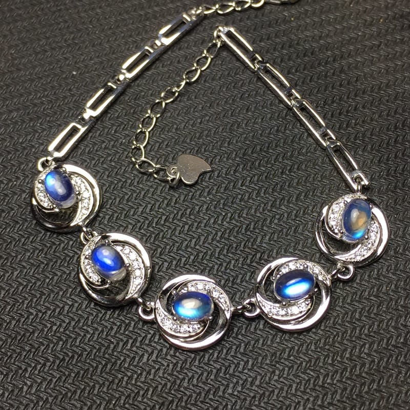 Natural blue Moonstone bracelet 925 sterling silver inlaid craft vitreous blue moonlight