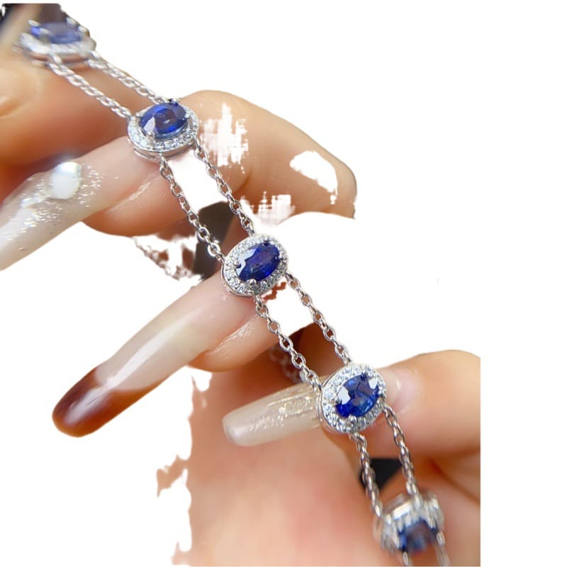 S925 silver inlaid simple fashion natural sapphire bracelet 4 * 6mm advanced sense design live broadcast supply