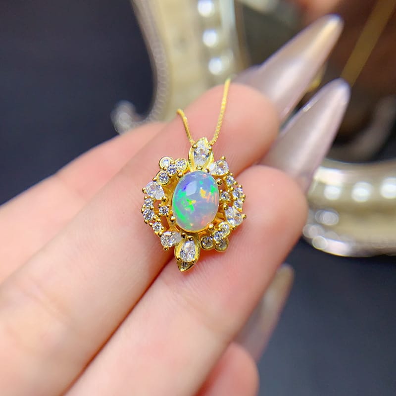 Natural 6*8mm Opal Pendant 925 Silver Plated Gold Flash Fashion Personality Color Treasure Wholesale {Not Included