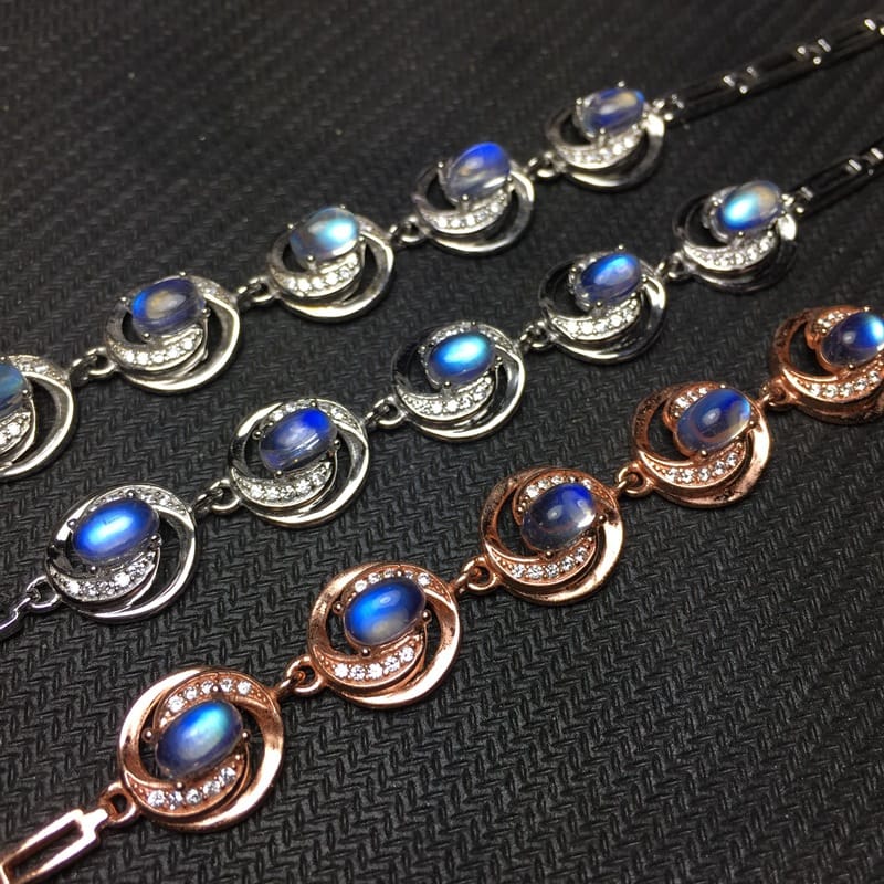 Natural blue Moonstone bracelet 925 sterling silver inlaid craft vitreous blue moonlight