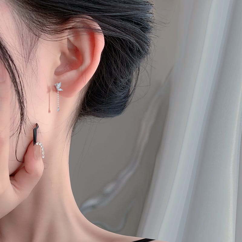 Po 999 Sterling Silver Butterfly Earrings Women's Korean Elegant Long Mori Super Fairy Earrings Fashionable Ear Jewelry