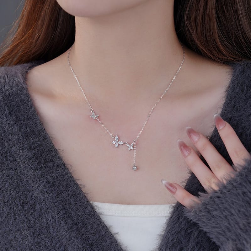 Po S999 Silver Butterfly Tassel Necklace Women's New Arrival Light Luxury Niche Korean Style Sweet Cute Necklace for Hair