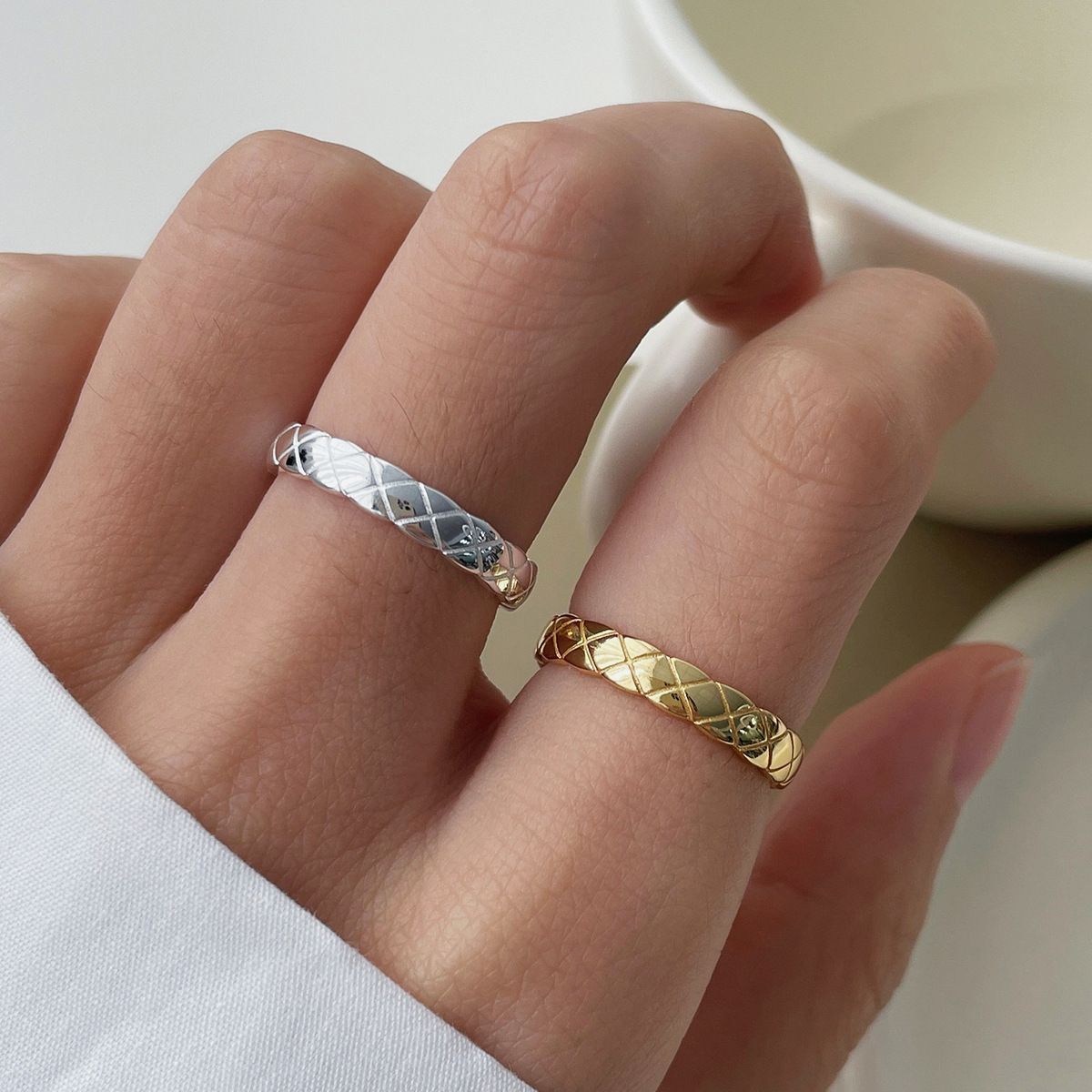 Europe and America Cross-border S925 Sterling Silver Diamond Plaid Ring for Women's Niche Design Advanced Sense Stacked Open Ring
