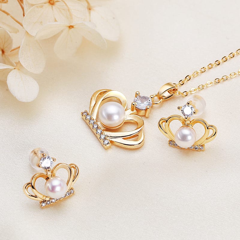Pearl Necklace Set Women's Crown Mother Chain Freshwater Pearl Earrings Necklace Set