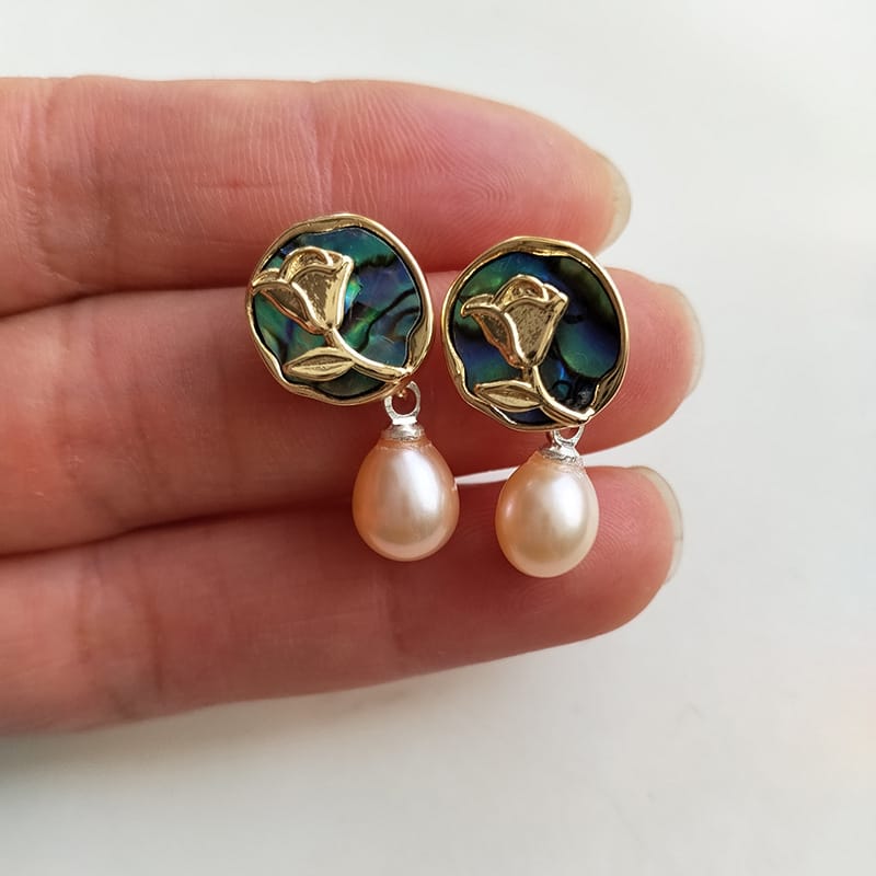 S925 Silver Needle Natural Pearl Geometric Earrings Light Luxury High-end Color Shell Rose Pearl Earrings New Style