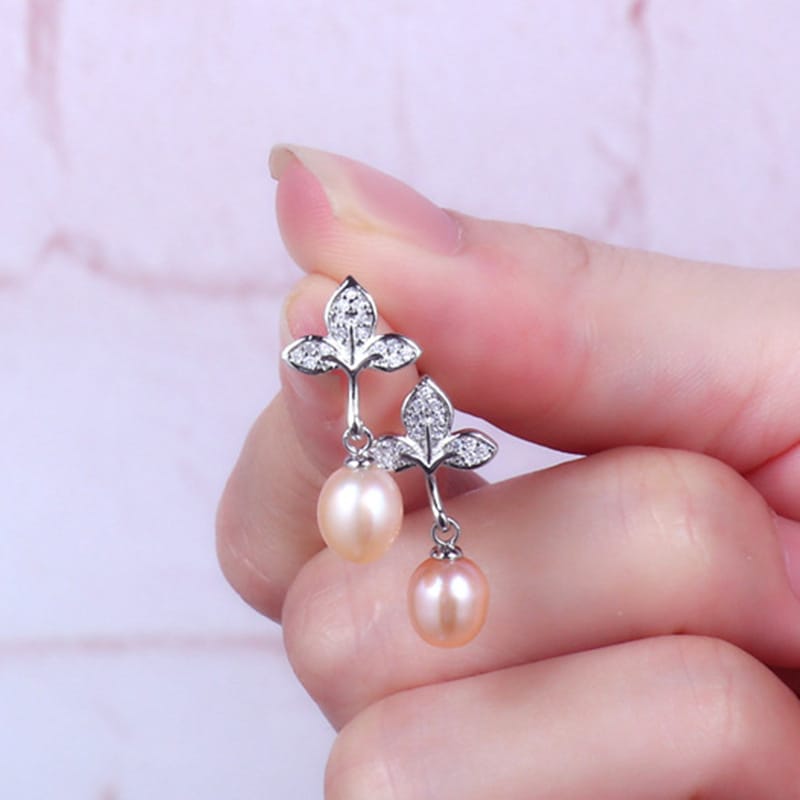 Natural Pearl Earrings Full Diamond Zircon Leaves Water Drops Pearl Earrings Niche Elegant Internet Celebrity Ear Hook