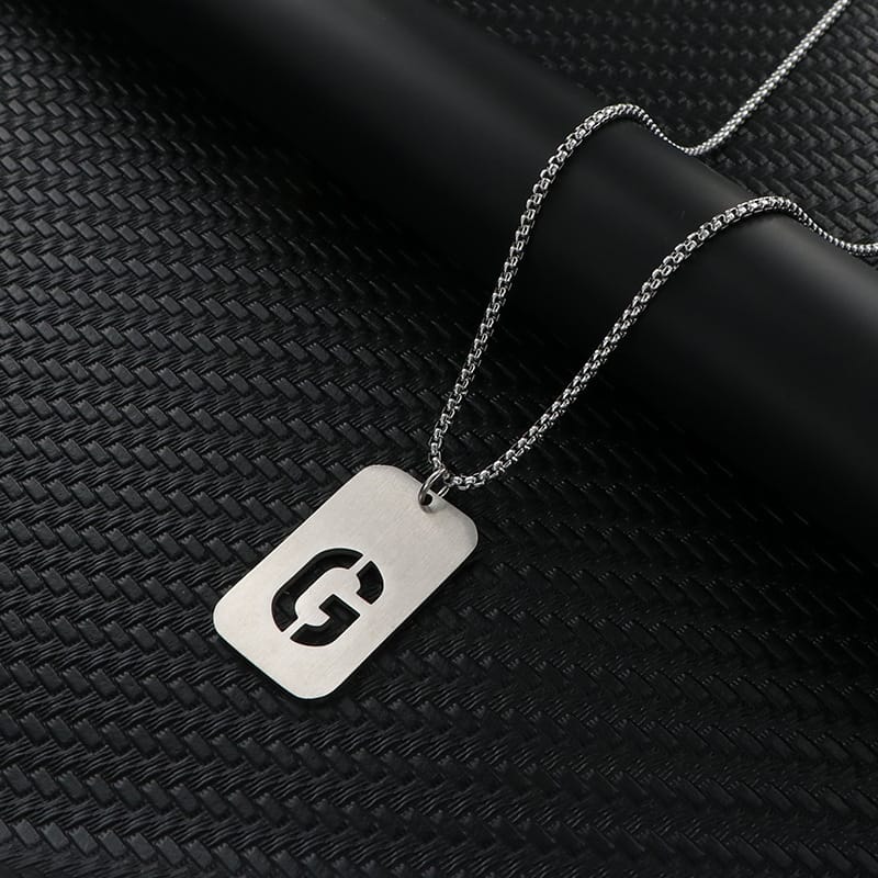 Alphabet Hollow Necklace Men's Trendy Hip-Hop Woolen Chain Accessories Rectangular Gloss Military Brand Pendant Women's Stainless Steel Pendant