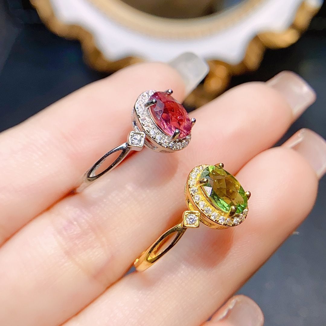 Factory wholesale explosions natural tourmaline ring S925 silver inlaid main stone 6*8 selling Europe and the United States a generation of hair