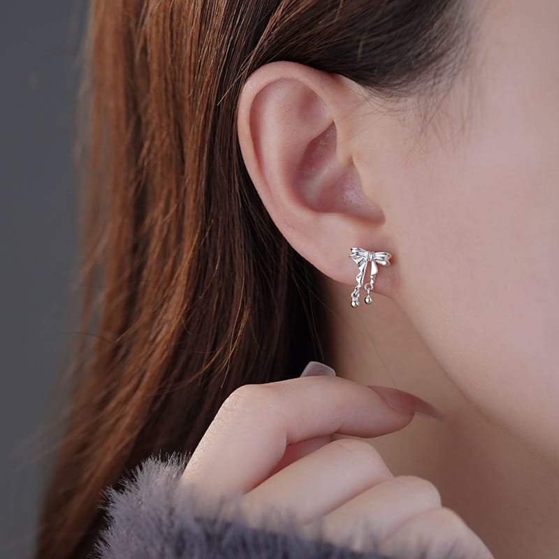 Po S999 Silver Bow Round Bead Earrings Fresh Explosions Sweet Princess French Gentle Earrings for Hair