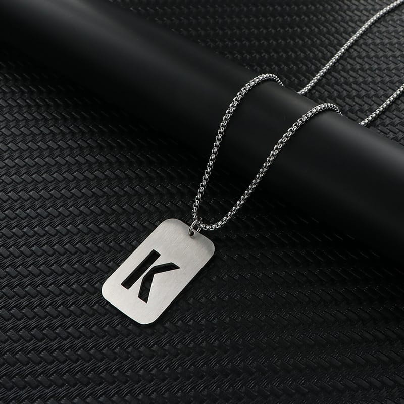 Alphabet Hollow Necklace Men's Trendy Hip-Hop Woolen Chain Accessories Rectangular Gloss Military Brand Pendant Women's Stainless Steel Pendant