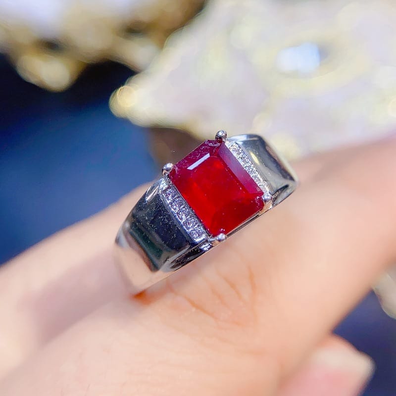 Natural New burnt Ruby male ring small octagonal 6 * 8mm 925 silver ring open mouth wholesale TikTok supply