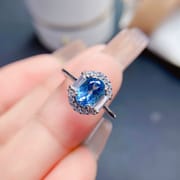 Europe and the United States fresh 925 silver natural Swiss Blue Topaz female ring 5*7mm live exquisite live